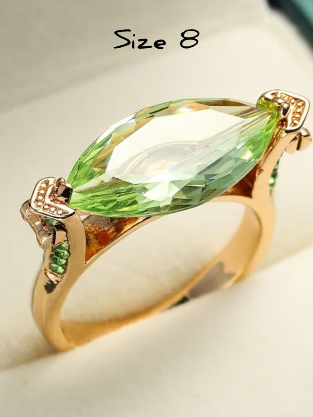 Unique synthetic Peridot ring, Marquise cut, 14k plating, Sz.8